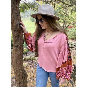 Free People Light Magic Henley Blouse Top Print Smocked Balloon Sleeve XS 275167